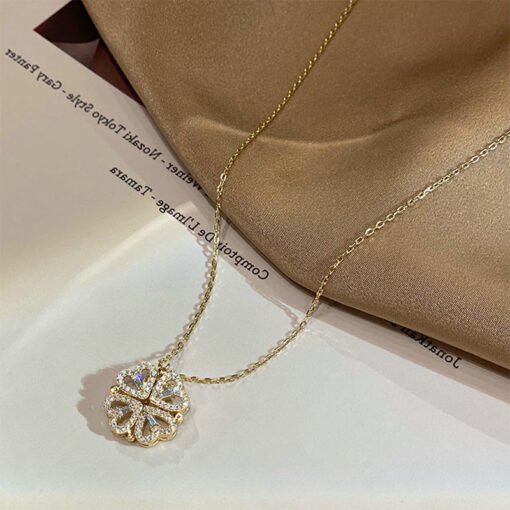 Retro Magnetic Folding Heart Shaped Four Leaf Clover Pendant Necklace Women Love Clavicle Chain Gifts Openable Choker Jewelry - Image 9
