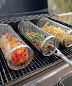 Rolling Grilling Basket Metal BBQ Barbecue Basket Net Portable Outdoor Camping Barbecue Rack Kitchen Gadgets